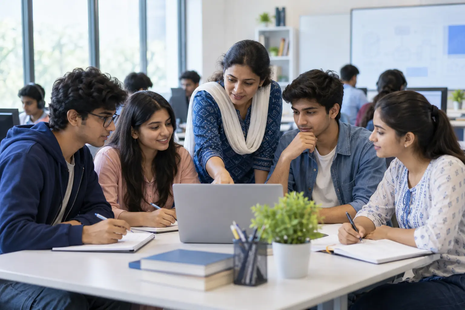 Indian students and an educator learning together in a modern classroom