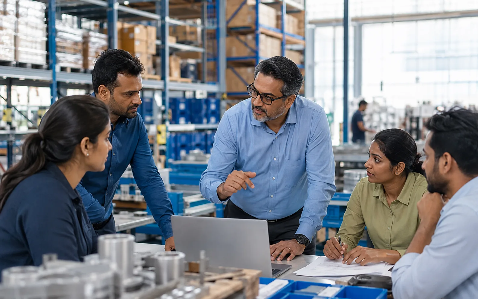 Warehouse and distribution team reviewing live stock position across locations